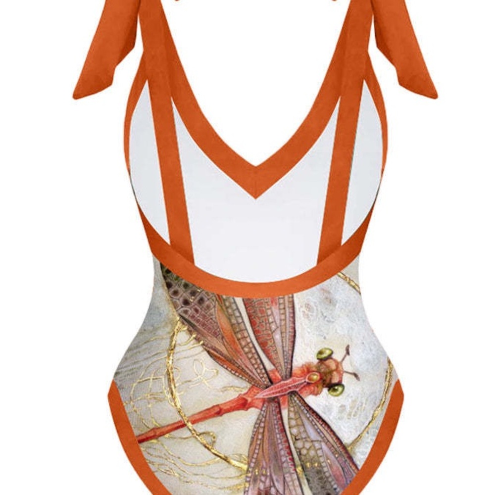 Dragonfly Print Swimsuit with Orange Accents